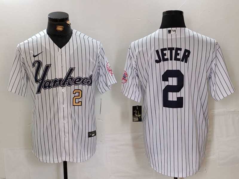 Mens New York Yankees #2 Derek Jeter White Pinstripe Fashion Cool Base Jerseys